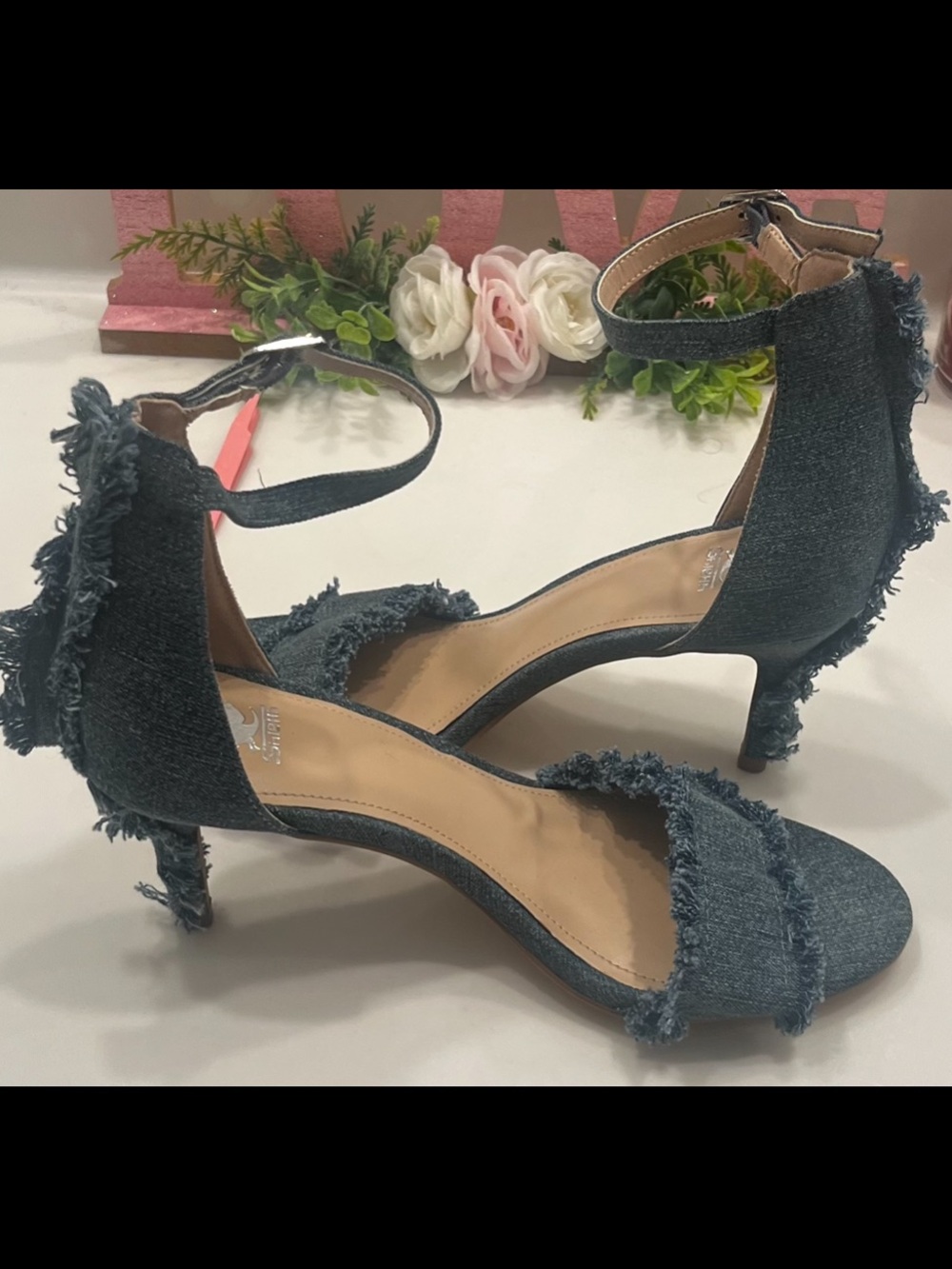 Denim Frayed Ankle-Strap Heels - Blue